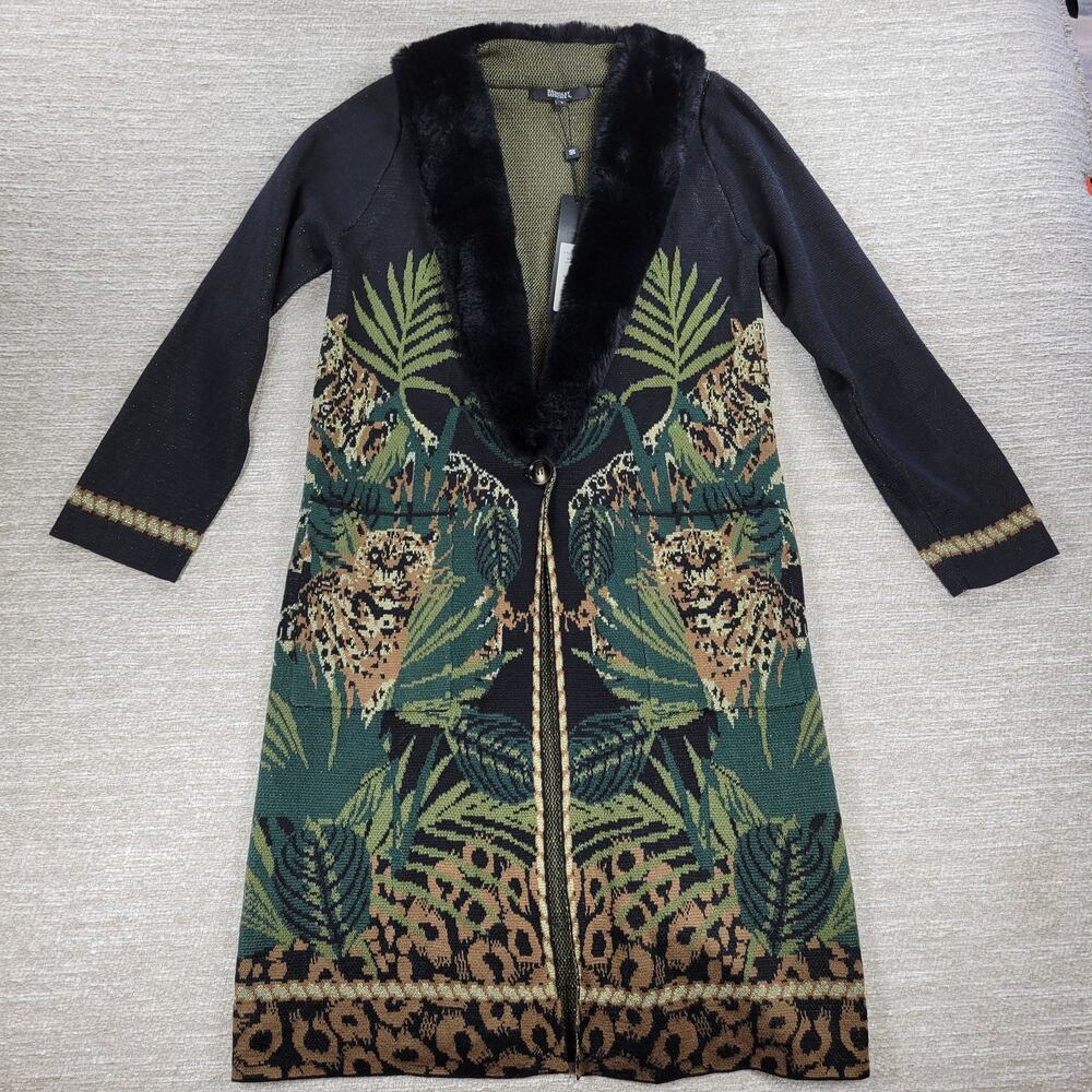 Badgley Mischka Leopard Jungle Wool Knit Sweater Small Coat Faux Fur Collar NWT